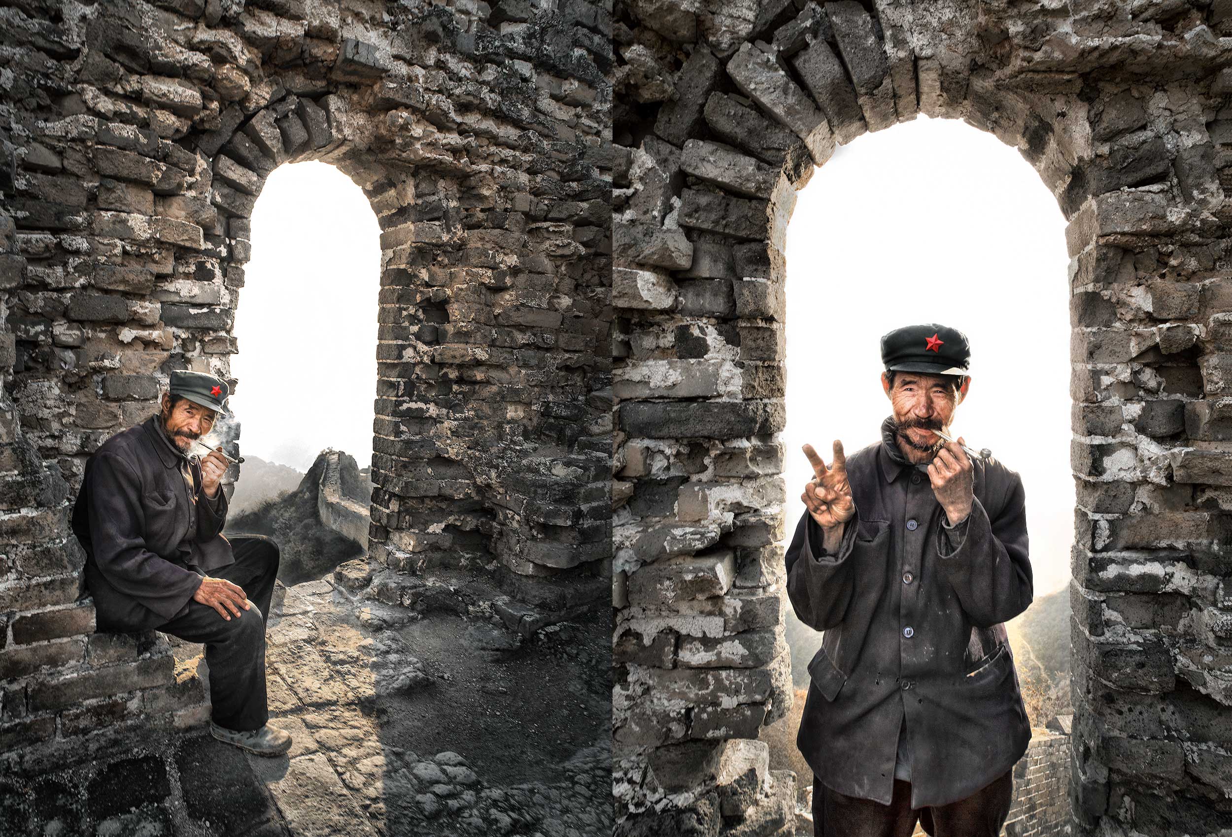 a chinese guard on the great wall poses for a travel photo near simatai china