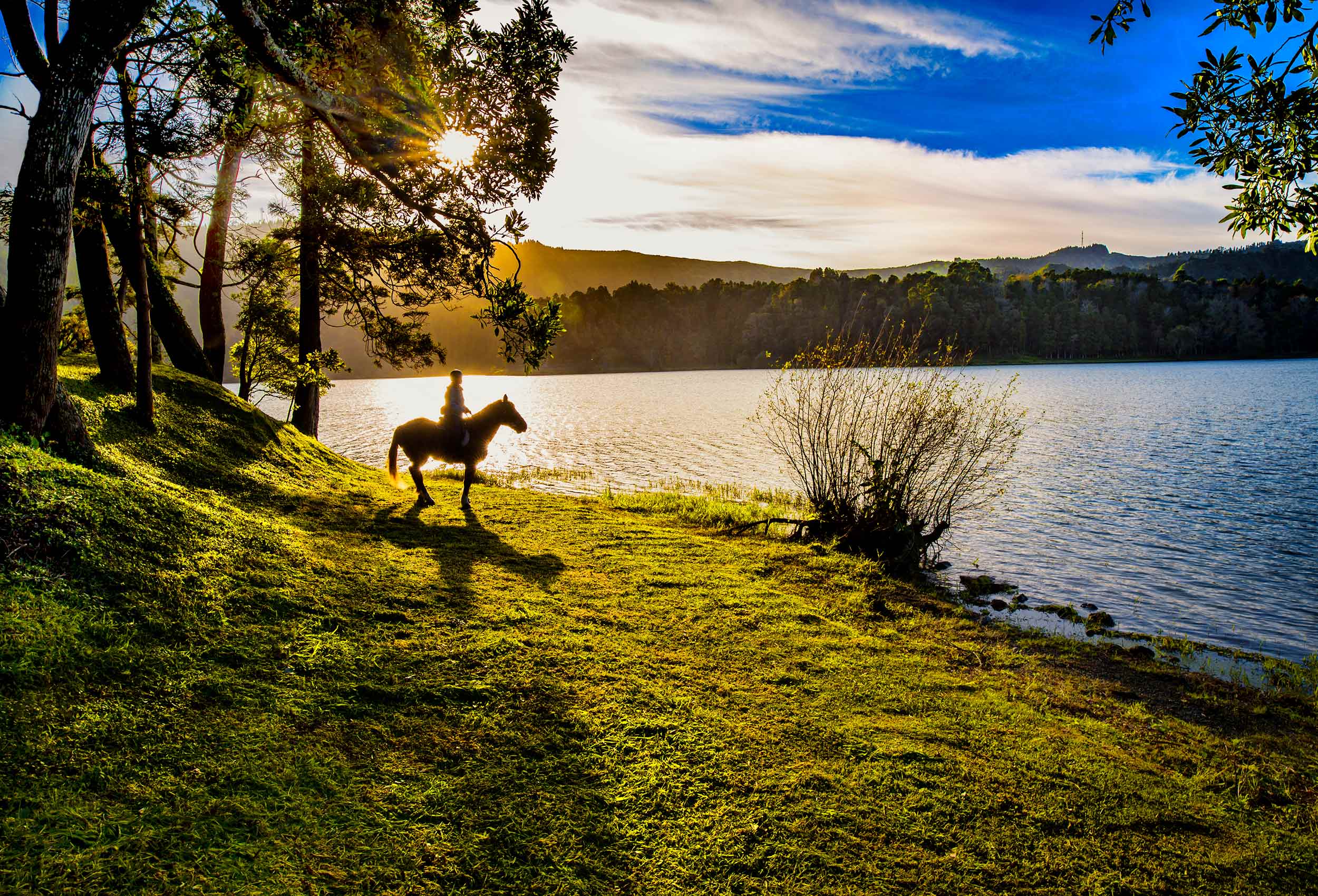 a horse and its rider rest by the water near lagoa azul on the island of sao miguel portugal