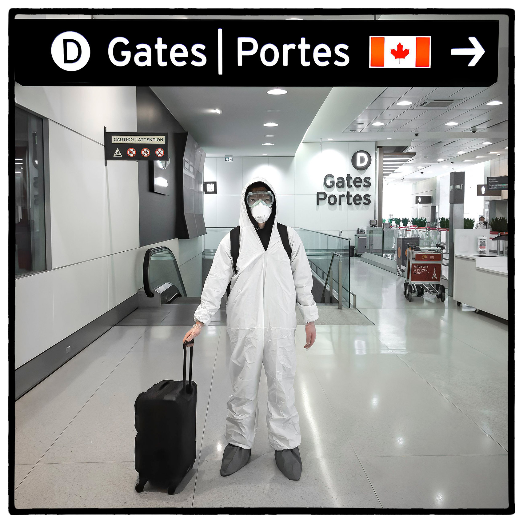 a man wearing full protective equipment before a flight at toronto pearson during the pandemic