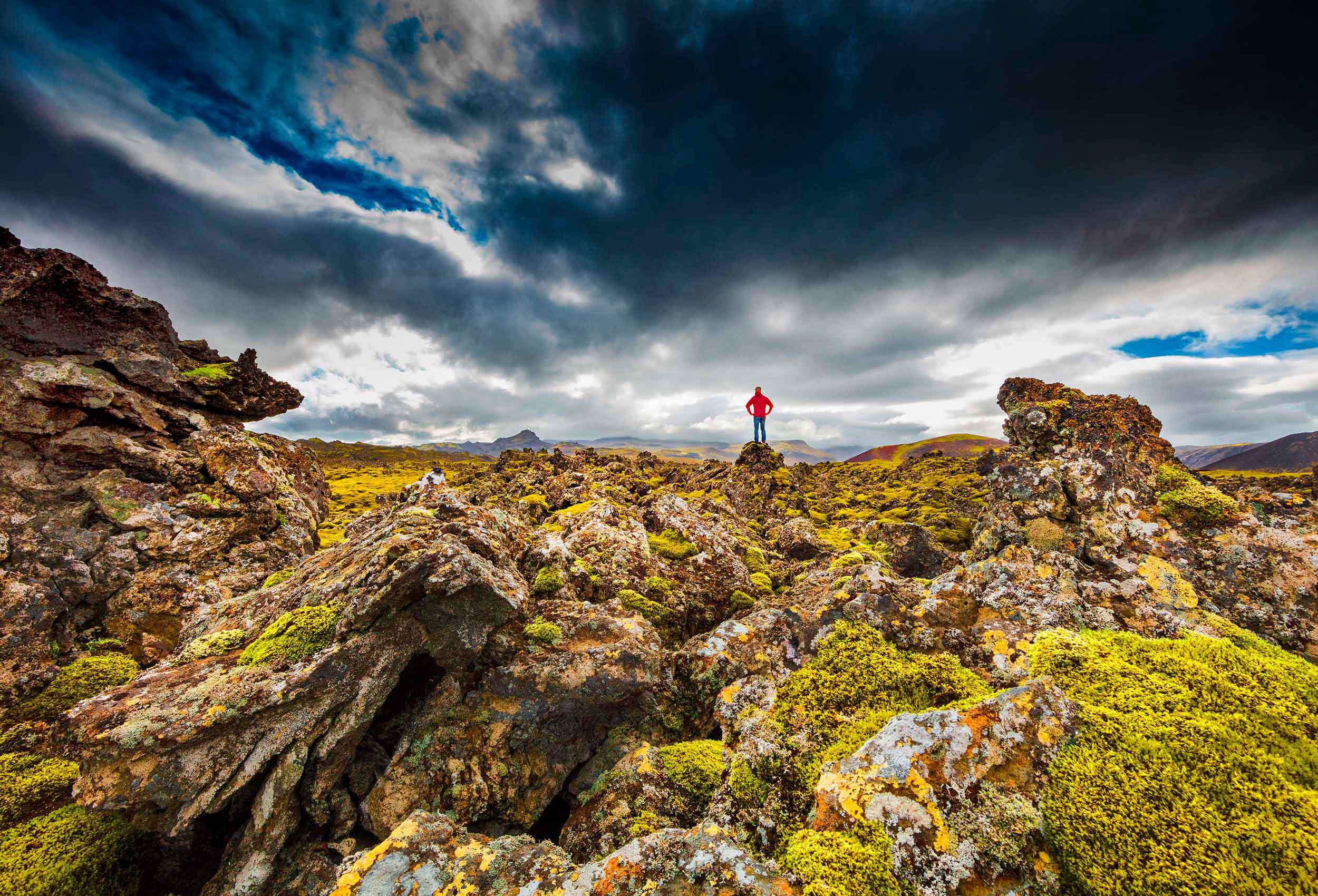 a great icelandic travel photo of a  man standing on moss covered lava fields 