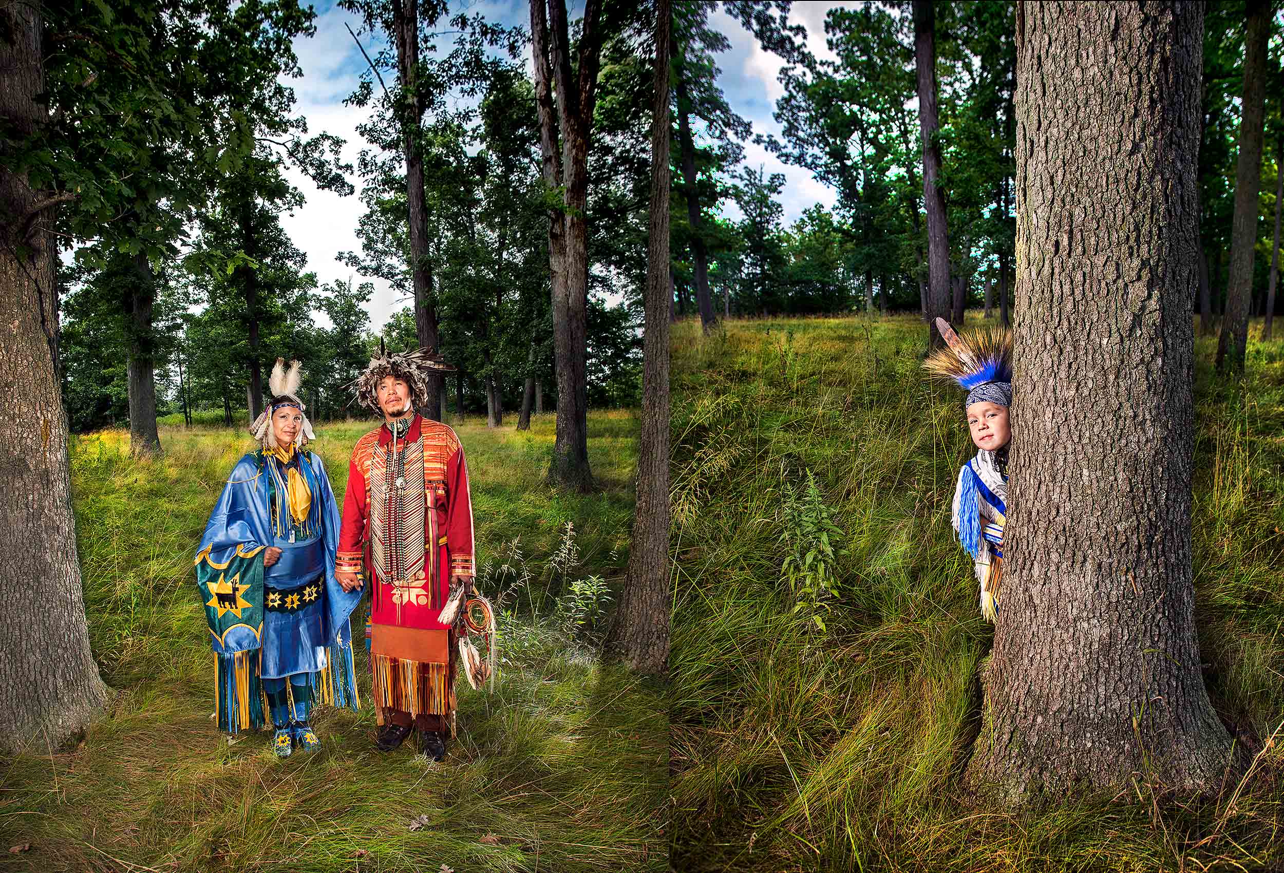 an indigenous couple in traditional dress pose for a portrait at six nations of the grand river near toronto