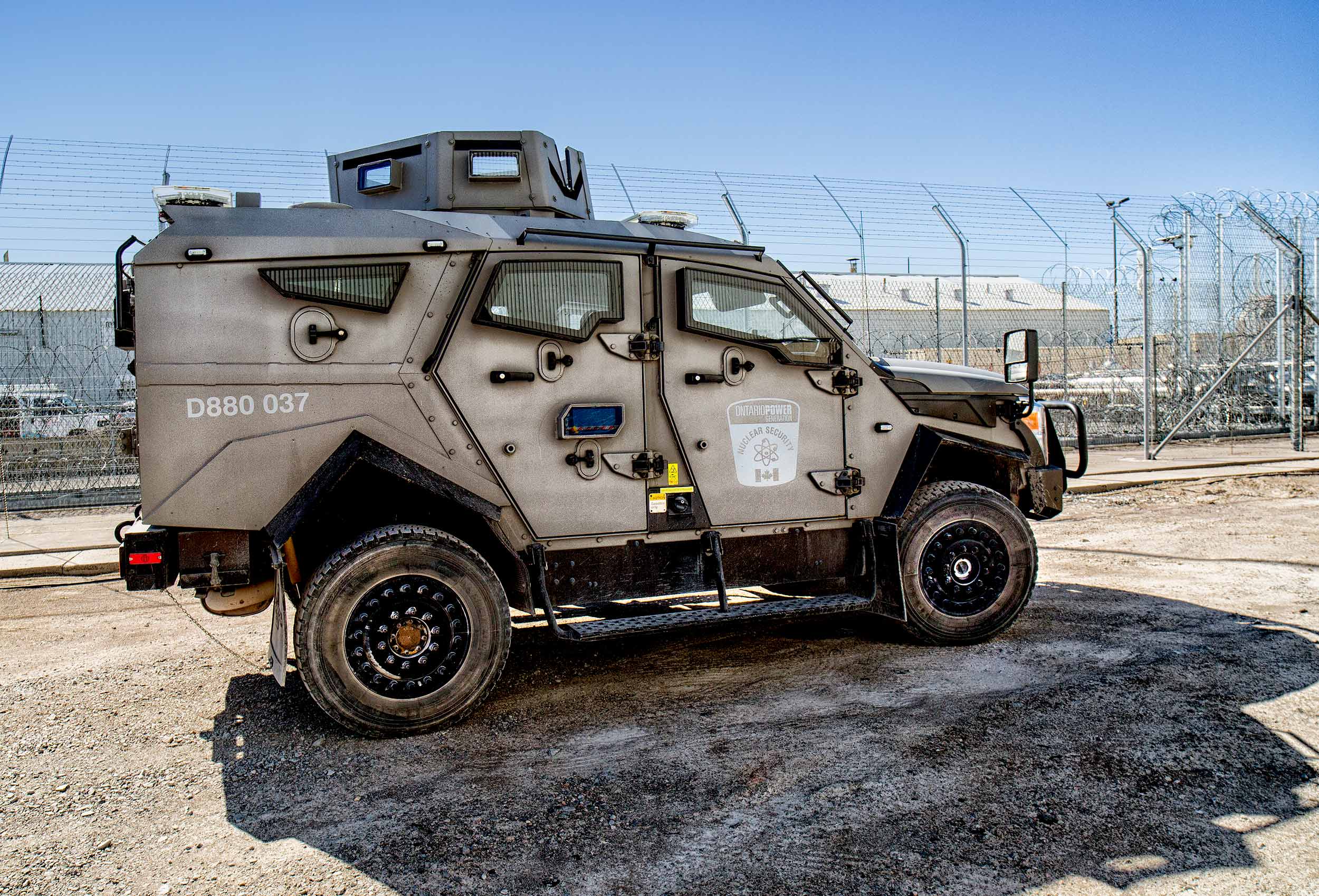 a light armoured security vehicle patrols the darlington nuclear power plant 