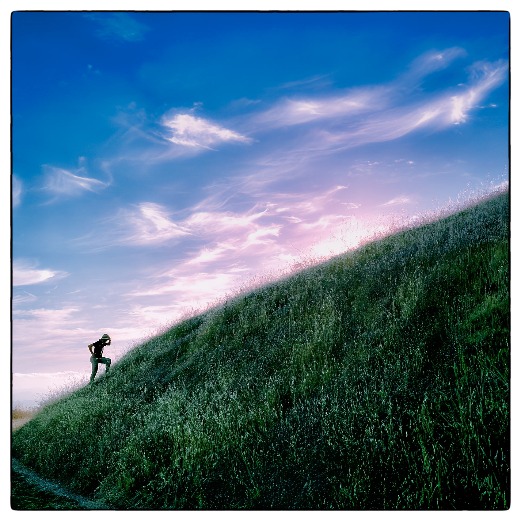 the-sun-turns-the-sky-and-clouds-a-brilliant-blue-and-magenta-as-a-man-walks-up-a-hill-in-berkeley-california-at-sunset