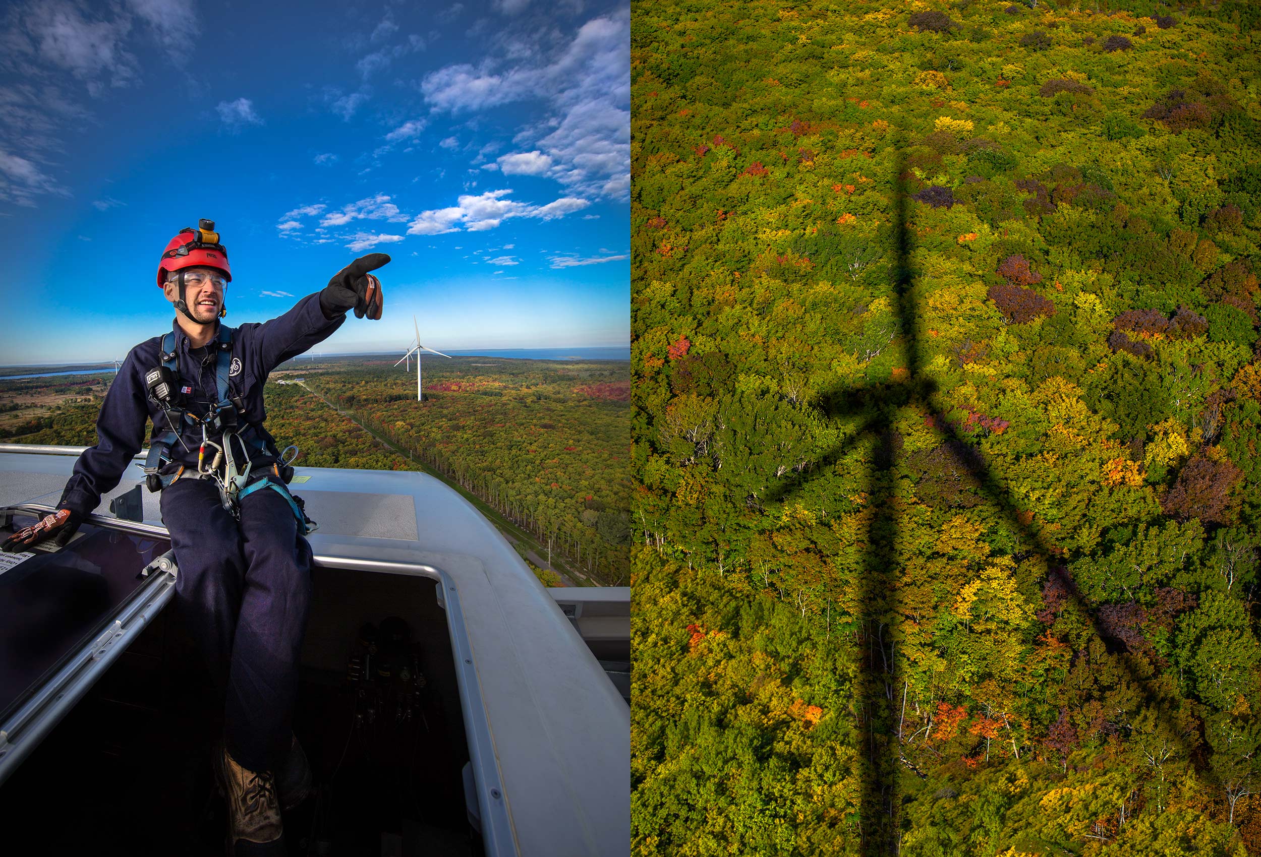 a ge northland employee sits atop an industrial windmill in northern canada for a corporate photo