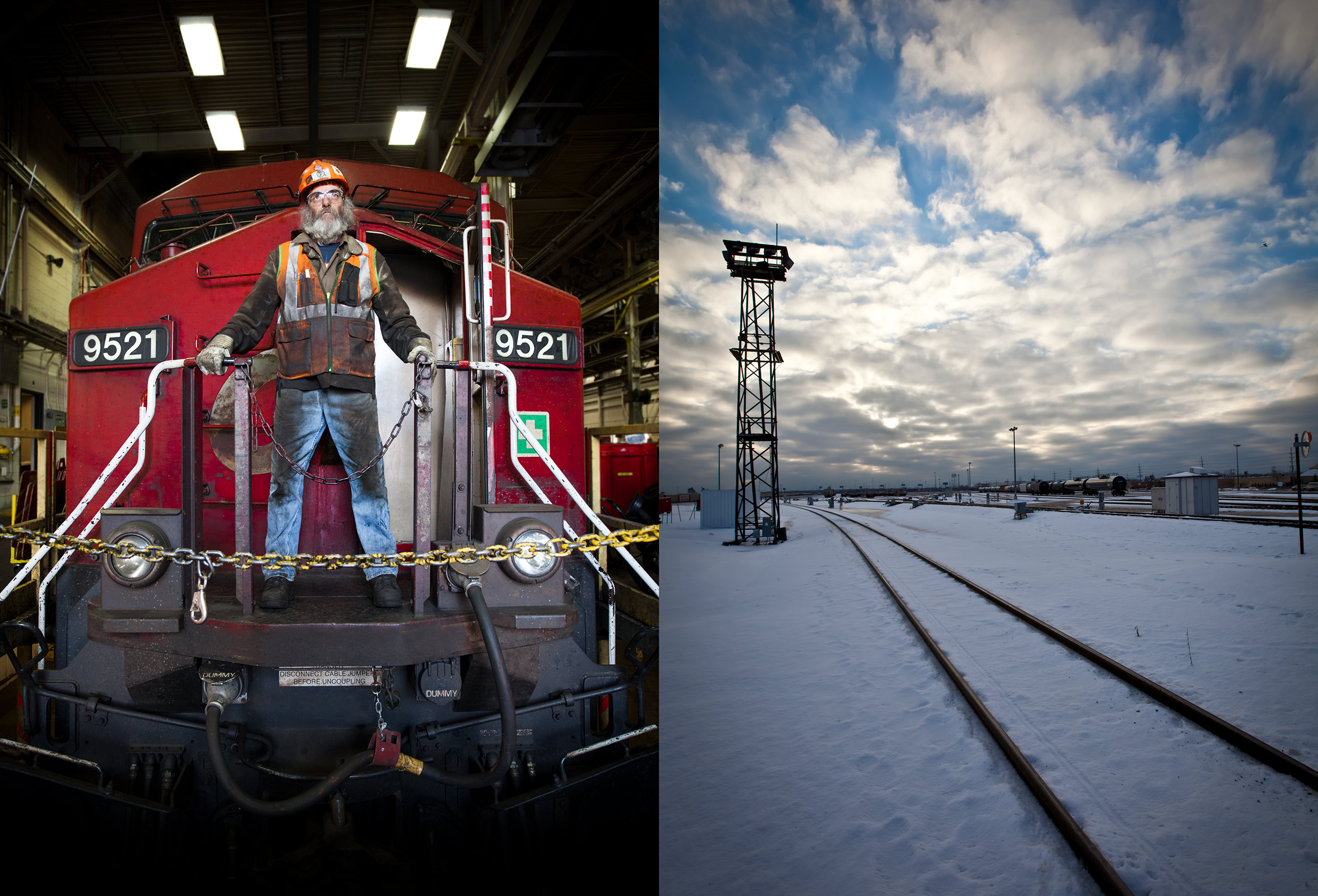 a cp rail industrial engineer stands atop a locomotive in calgary canada 