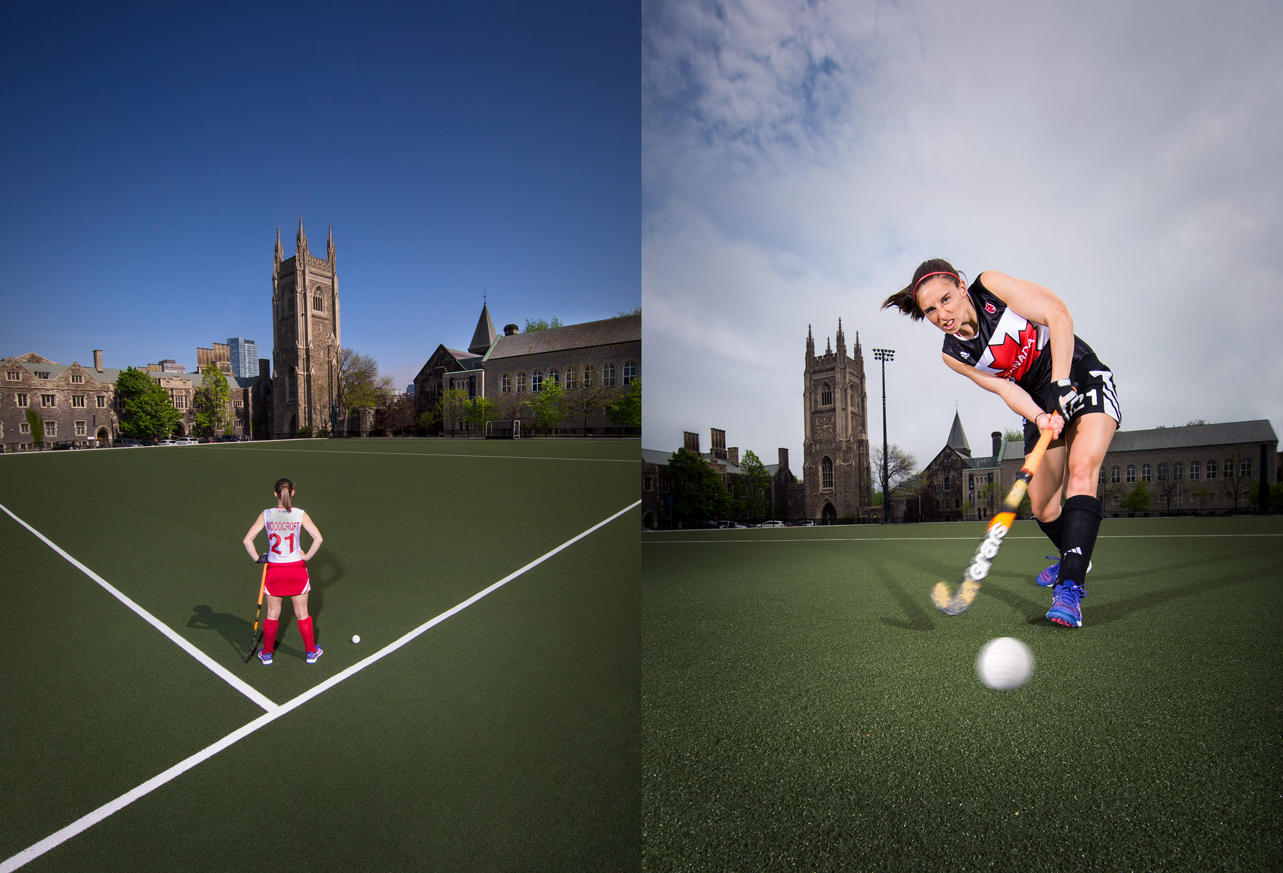 a photo of a university of toronto student playing field hockey on the main campus